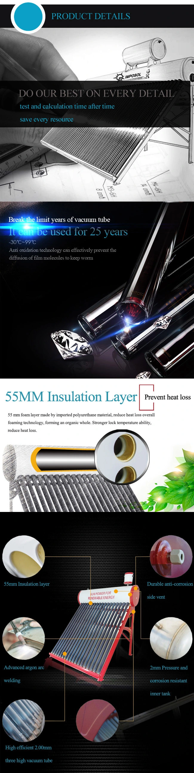 120L Heat Pipe Vacuum Tube Solar Thermal Collector for Home